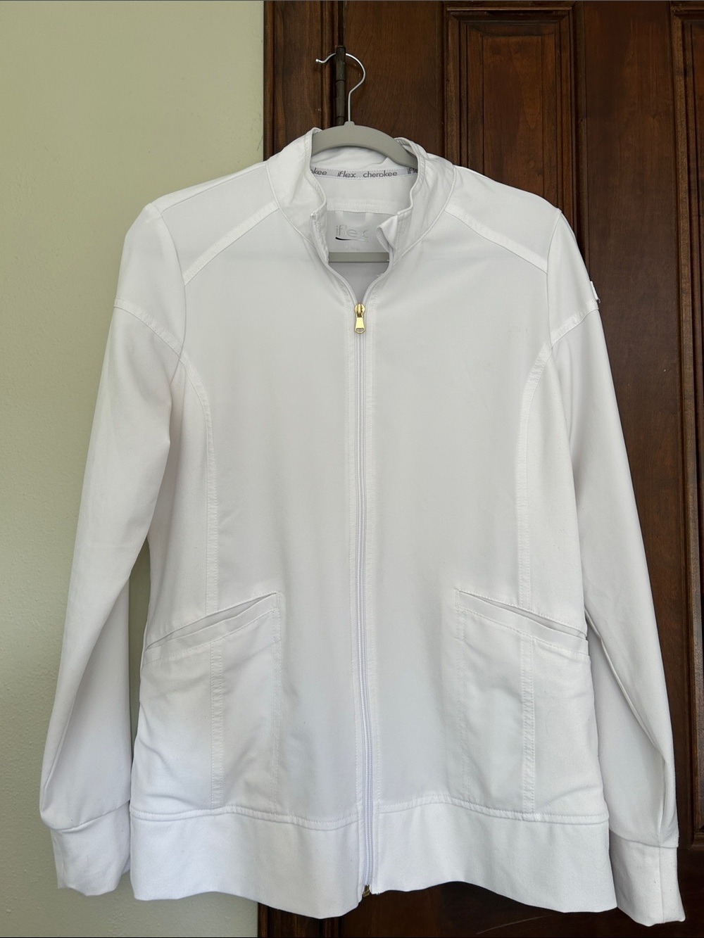 CHEROKEE FLEX Women's White Zip Bomber Jacket with Gold Zip